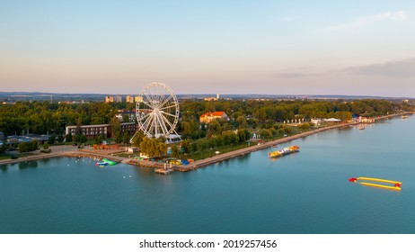 Siofok hungary Golden beach. Amazing aerial panoramic landscape about the Plazs beacch side in the bank of lake Balaton. This lake is the Hungarian sea