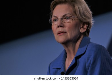 Sioux City, Iowa - July 19, 2019:  Massachusetts Senator Elizabeth Warren speaks to the crowd at a forum for presidential candidates.