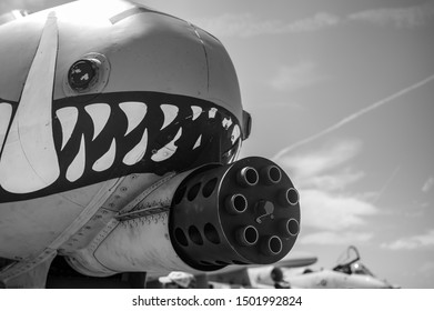 Sioux Falls Airshow, South Dakota, USA - 8/2019: Nose And Front Gun On A Fairchild Republic A-10 Thunderbolt II