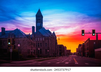 Sioux Falls City Daybreak Skyline, Street at dawn at the historic district of downtown with Old Courthouse Museum and landmark buildings in South Dakota, USA - Powered by Shutterstock