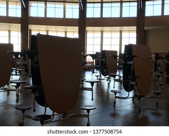 Sioux Falls, South Dakota, USA - 4/2019: High School Lunch Room With Tables Folded