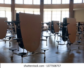Sioux Falls, South Dakota, USA - 4/2019: High School Lunch Room With Tables Folded