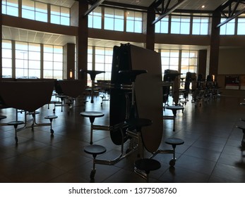 Sioux Falls, South Dakota, USA - 4/2019: High School Lunch Room With Tables Folded