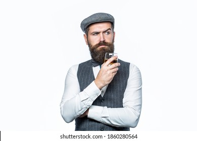 Sipping Finest Whiskey. Portrait Of Man With Thick Beard. Macho Drinking. Stylish Rich Man Holding A Glass Of Old Whisky. Bearded Gentleman Drink Cognac.