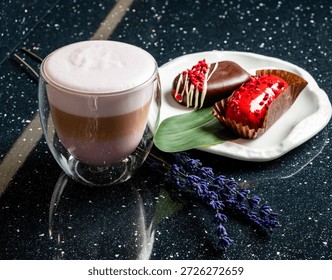Sipping a layered coffee while indulging in delicious desserts, surrounded by a serene ambiance.