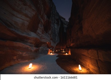 The Siq At Night With Many Candle, Petra Ancient City, Jordan, Arab, Middle East Of Asia