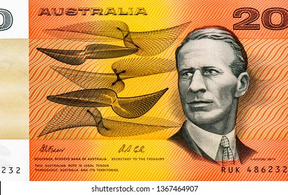 Sir Charles Kingsford Smith Portrait From Australian 20 Dollars 1966 Banknotes. 