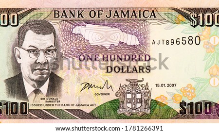 Sir Donald Sangster (1911-1967), a second Prime Minister of Jamaica. Portrait from Jamaica 100 Dollars 2003-2010 Banknotes. 