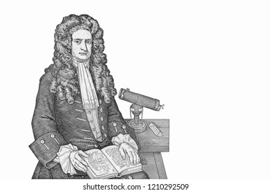 Sir Isaac Newton With His Telescope. Heliocentric Solar System. Portrait From Great Britain Banknote.