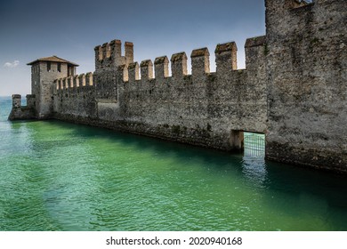 Sirmione castle with view to the lake with a blue sky