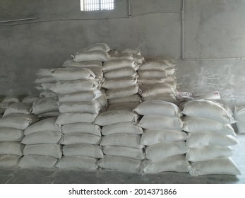 Sirohi Road, India - February 20 2020: Misprint Cement Bags Filled With Mineral Powder At Factory Godown