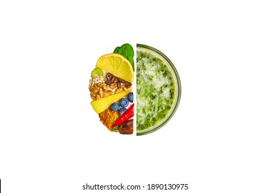 Sirtfood diet concept. Half a glass of  spinach juice and half of glass shape filled with sirtfood diet products. Spinach, lemon, coffee, celery, nuts, apple, turmeric, blueberries, peppers. Top view. - Shutterstock ID 1890130975