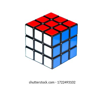Sisaket, Thailand, APRIL 19, 2020. 3x3 Rubik's cube isolated on the white background, Solving difficult tasks.