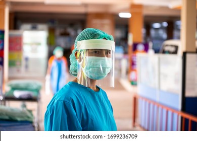 Sisaket,Thailand,09 April 2019;Medical staff wearing face shield and medical mask for protect coronavirus covid-19 virus in CT scan room,Sisaket province,Thailand,ASIA.