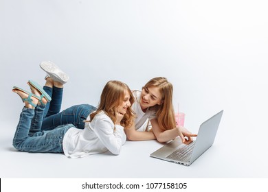 Sister Or Mom Watching With Daughter Movie, Or Shopping Online, Studio