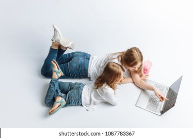 Sister Or Mom Watching With Daughter Movie, Or Shopping Online, Studio