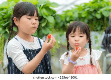 Sisters eating freshly picked strawberries while strawberry picking. - Powered by Shutterstock