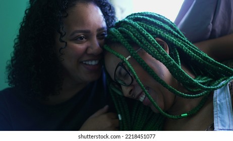 Sisters Laughing And Smiling. Two Hispanic Black Girlfriends Real Life Laugh And Smile