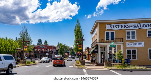 Sisters, Oregon - 7/20/2019: A view looking down the main street in downtown, Sisters.