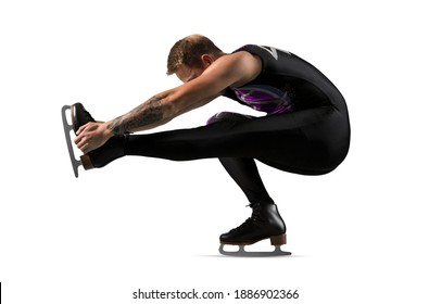 Sit Spin. Man Figure Skating In Action Isolated On White Background