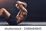 Sit up, fitness and black man in gym for training, exercise and bodybuilder workout with muscle. Sports, athlete and person do challenge, performance and endurance for wellness, health and strength