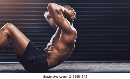 Sit up, fitness and black man in gym for training, exercise and bodybuilder workout with muscle. Sports, athlete and person do challenge, performance and endurance for wellness, health and strength - Powered by Shutterstock