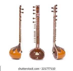 Sitar, a string Traditional Indian musical instrument, isolated on white background