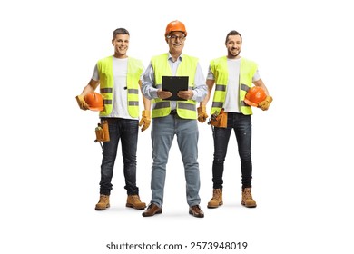 Site engineer and two construction workers isolated on white background