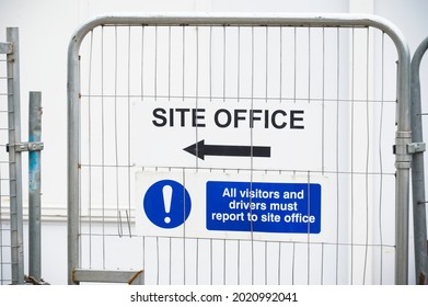 Site Office Direction Sign On Construction Building Site Door Entrance Fence