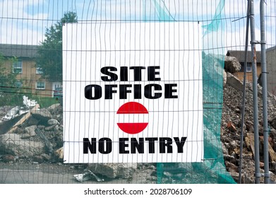 Site Office Direction Sign On Construction Building Site Door Entrance Fence