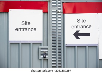 Site Office Direction Sign On Construction Building Site Door Entrance Fence