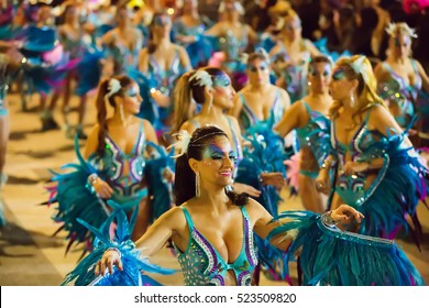 SITGES,  SPAIN - FEBRUARY 7, 2016:  Procession of Carnival at Sitges in evening