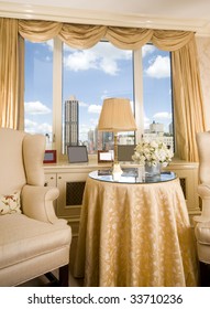 Sitting Area In Luxury Penthouse Bedroom Suite With Skyline Views Of New York City