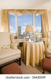 Sitting Area In Luxury Penthouse Bedroom Suite With Skyline Views Of New York City