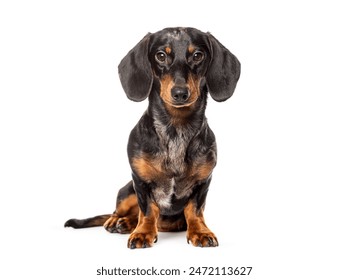 Sitting dachshund looking at the camera, isolated on white