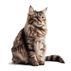 Sitting Long Haired Cat Looking Aside. Full Body Portrait On Transparent Background.	