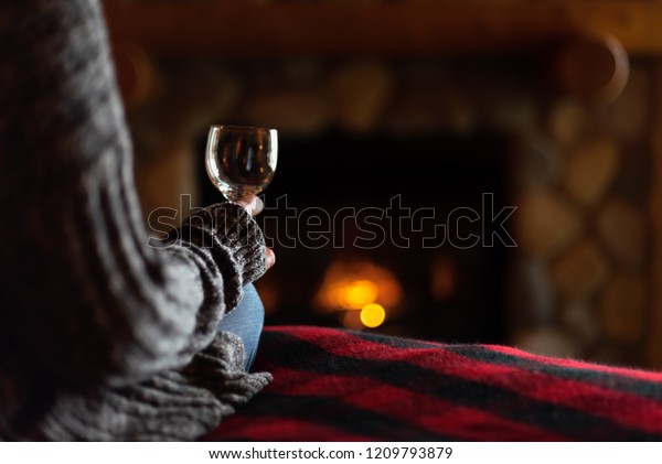 Sitting On Bed Cabin Glass Wine Stock Photo Edit Now 1209793879