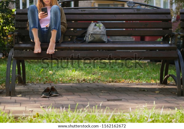 Sitting On Bench Feet Tired Bare Stock Photo Edit Now 1162162672