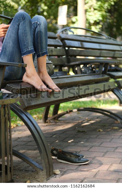 Sitting On Bench Feet Tired Bare Stock Photo Edit Now 1162162684