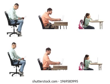 Sitting People With Bad And Proper Posture On White Background