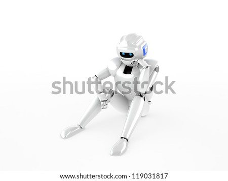 Sitting sad robot isolated on white
