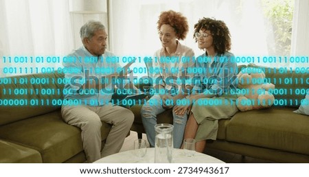 Sitting senior man gesturing, two mid adult women leaning with tablet on green sofa, binary overlay. Multigenerational, family, livingroom, daylight, turquoise, graphic, conversation