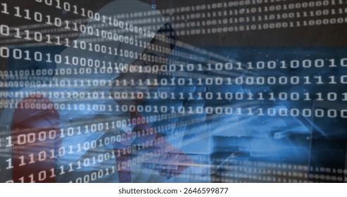 Sitting woman focusing on laptop at office desk with red chair, smartphone and binary code overlay. Technology, cybersecurity, data analysis, digital, professional, workspace, modern