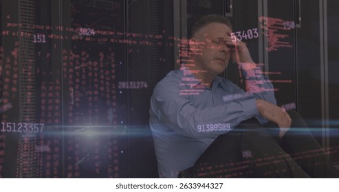 Sitting worker wearing blue shirt pressing forehead in data center with server racks, code overlay. Technology, cybersecurity, infrastructure, data, network, security, digital - Powered by Shutterstock - Get 15% off with code: PIKWIZARD15