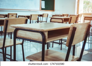 Situation Of Covid-19 Disease Outbreak Resulted In Inability Organize Teaching Learning In College. Lecture School Empty Classroom With Desks Chair Iron Wood When Student Close Stay Home In Highschool