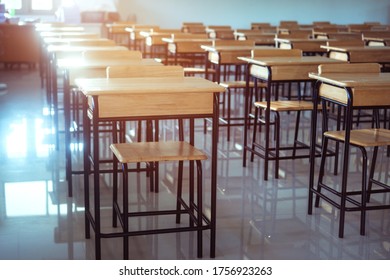 Situation Of Covid-19 Disease Outbreak Resulted In Inability Organize Teaching Learning In College. Lecture School Empty Classroom With Desks Chair Iron Wood When Student Close Stay Home In Highschool