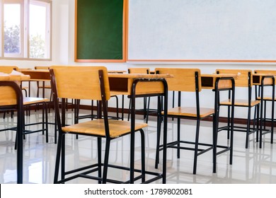 Situation Of Covid-19 Disease Outbreak Resulted In Inability Organize Teaching Learning In College. Lecture School Empty Classroom With Desks Chair Iron Wood When Student Close Stay Home In Highschool