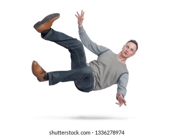 Situation, the man in casual clothes is falling down. isolated on white background. Concept of an accident
