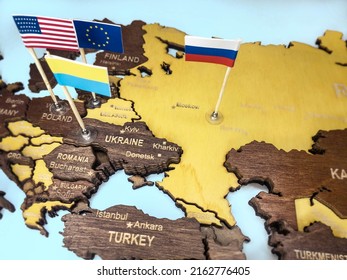 The situation in Ukraine on the political map. Flags on the world map. Conflict between Ukraine and Russia. Confrontation of countries. Accession to the European Union - Shutterstock ID 2162776405