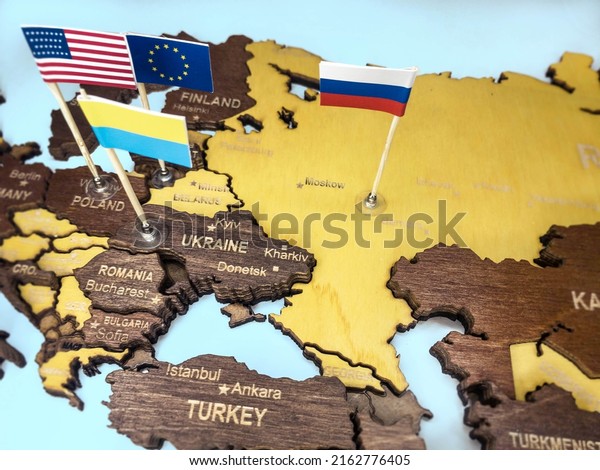 The situation in Ukraine\
on the political map. Flags on the world map. Conflict between\
Ukraine and Russia. Confrontation of countries. Accession to the\
European Union